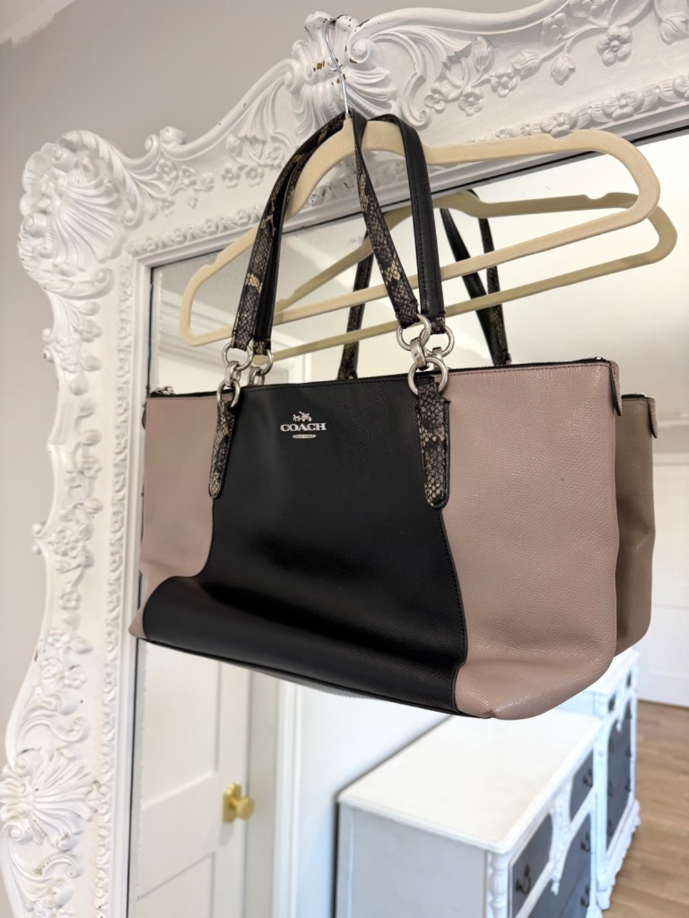 COACH Two-Tone Ava Black & Taupe Leather Tote Bag Shoulder Handbag